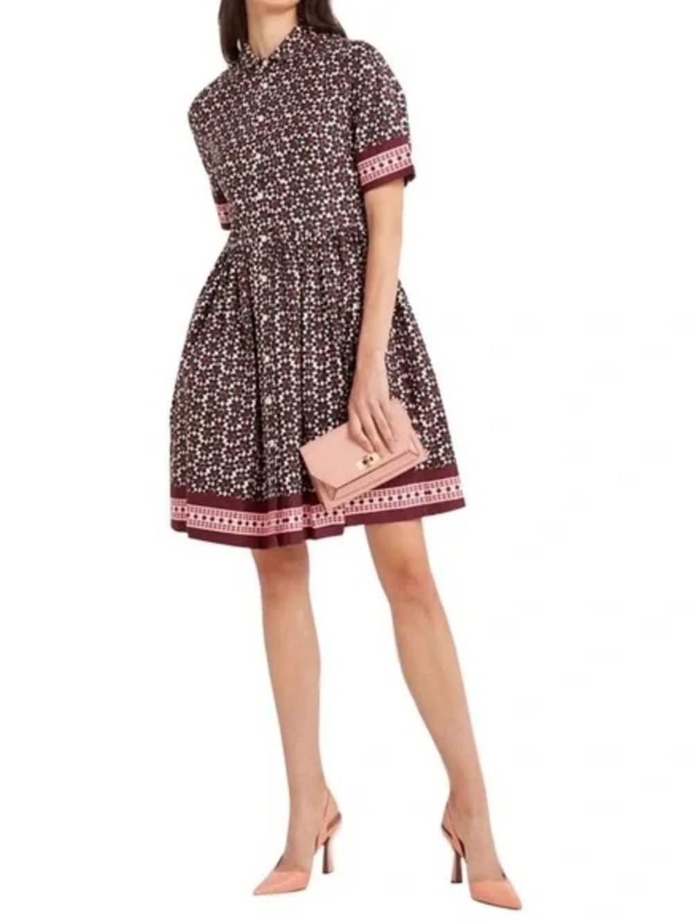 kate spade Burgundy, Pink and White Printed Tile Shirtdress Fit and Flare A-Line